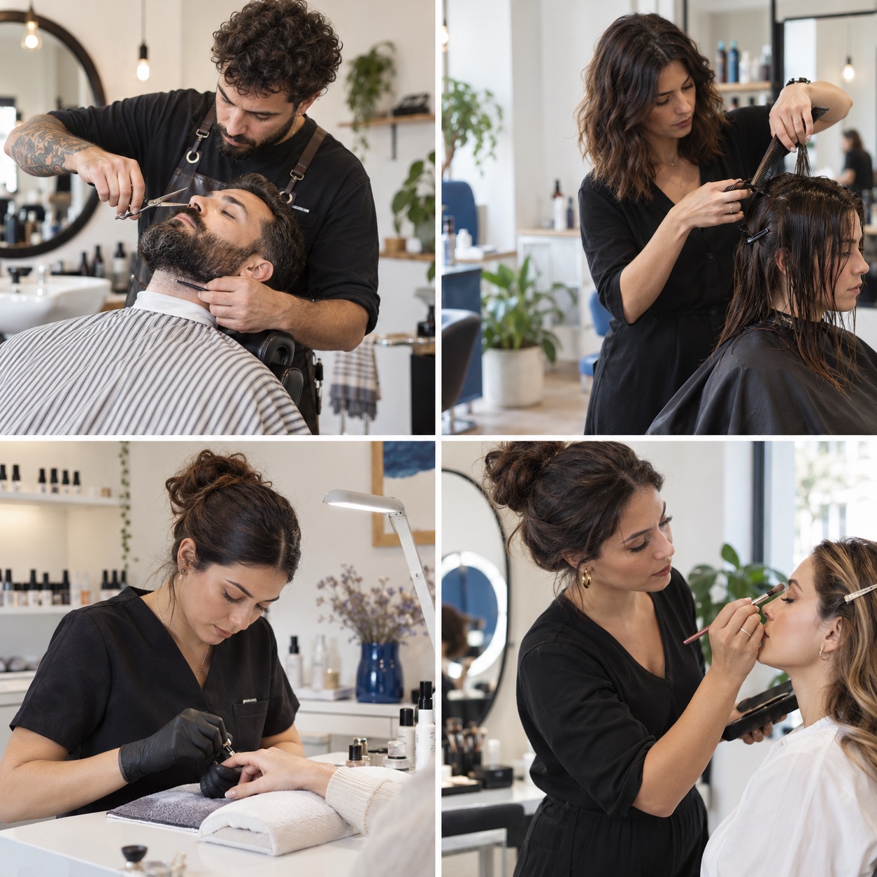 Imagens ilustrativas de profissionais de barbearia, cabeleireiro, unhas e maquilhagem