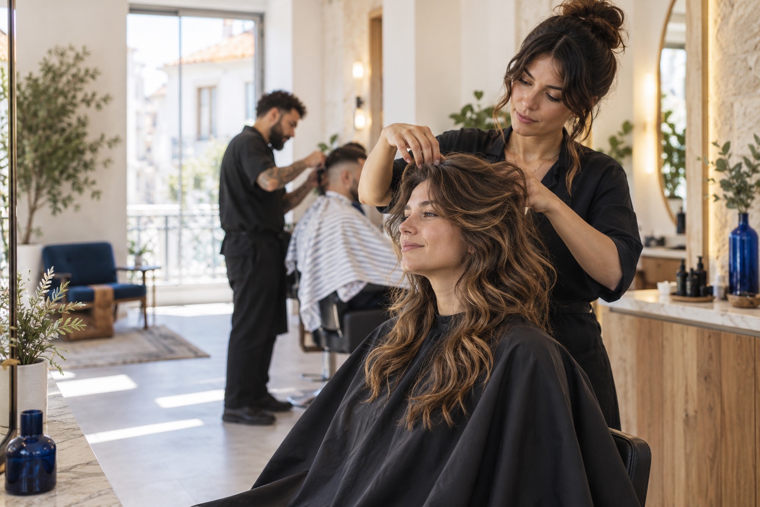 Imagem ilustrativa de profissionais a trabalhar num salão de beleza e barbearia